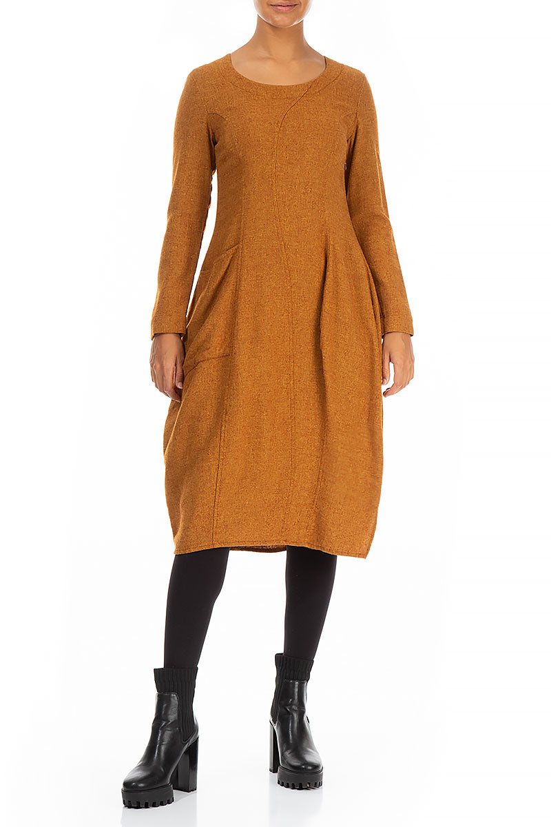 Balloon Long Sleeves Yellow Ochre Wool Dress