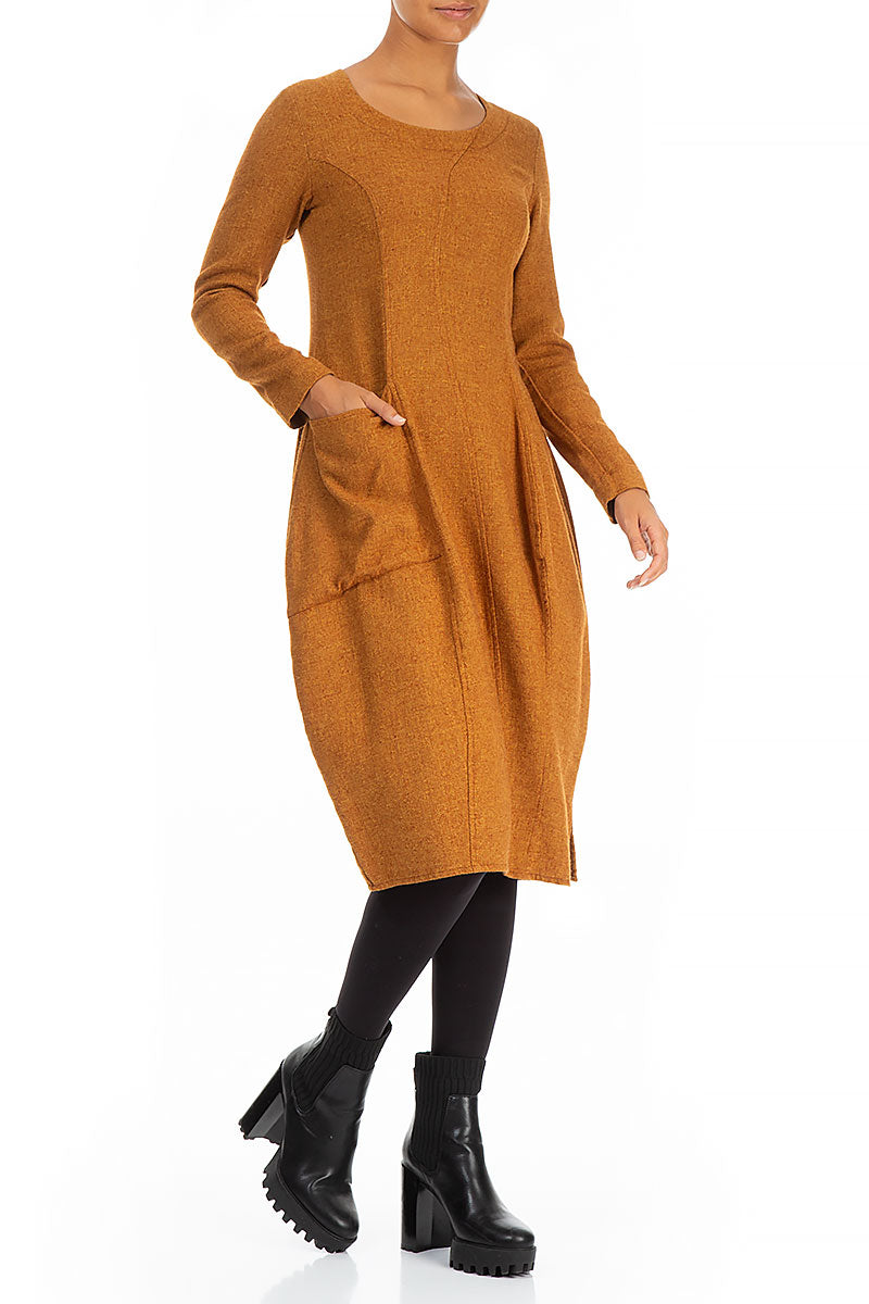 Balloon Long Sleeves Yellow Ochre Wool Dress