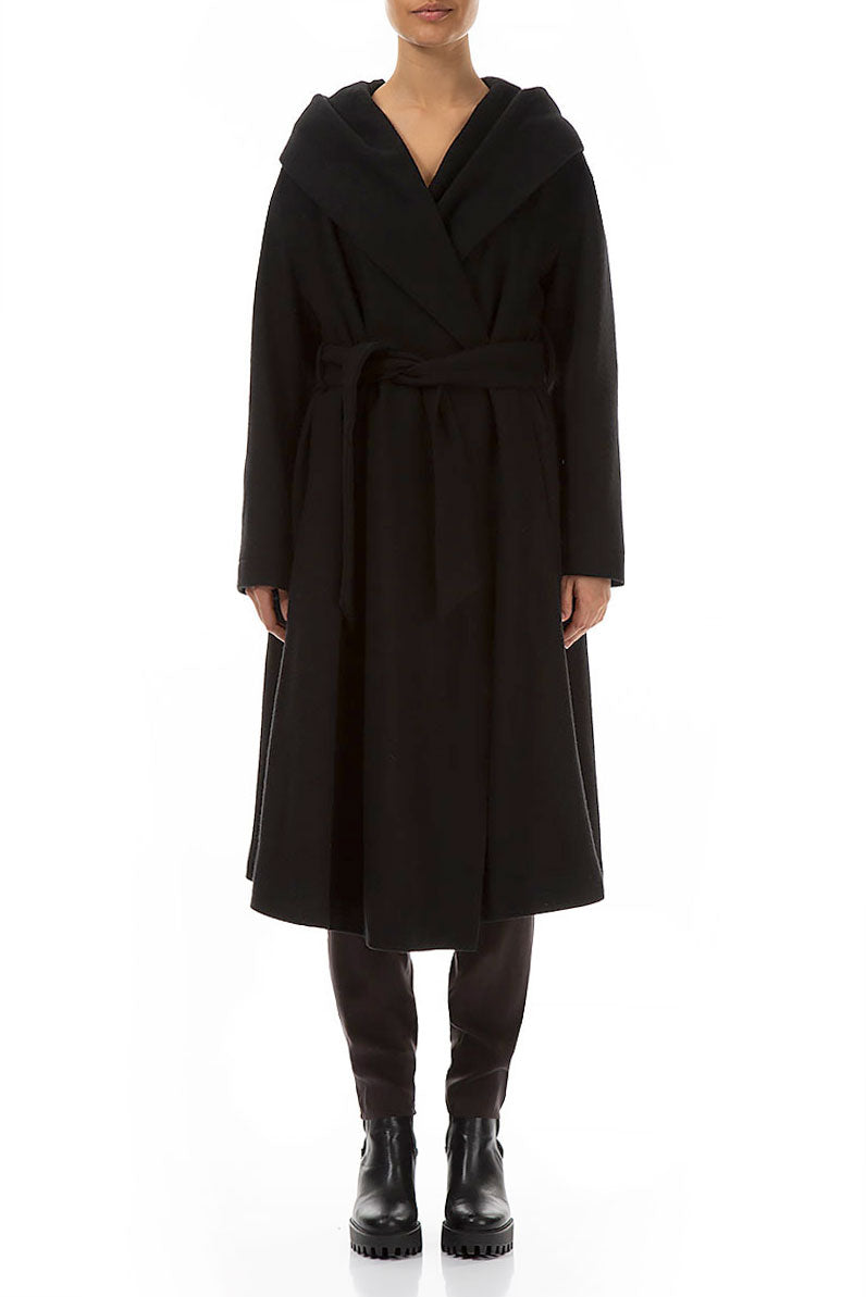 Hooded Belted Black Wool Coat