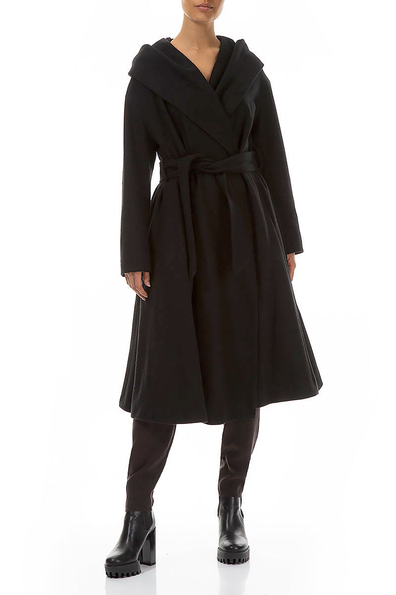 Hooded Belted Black Wool Coat