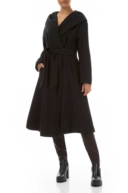 Hooded Belted Black Wool Coat