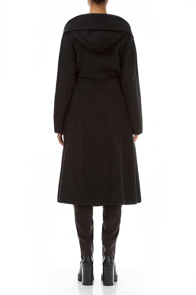 Hooded Belted Black Wool Coat