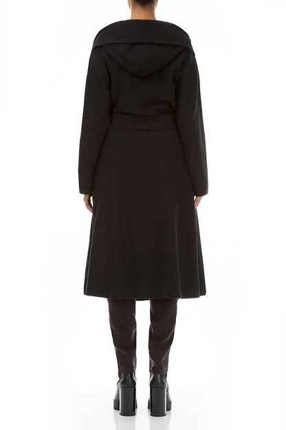 Hooded Belted Black Wool Coat