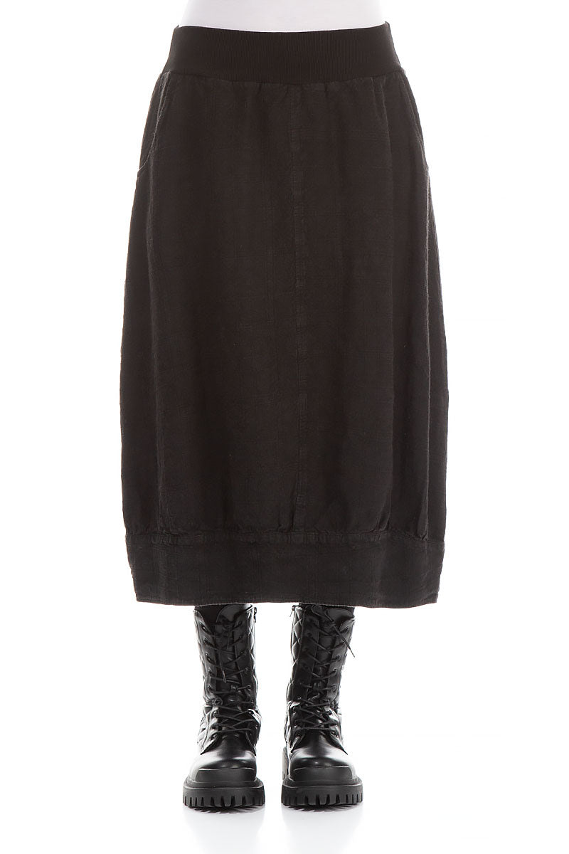 Black Patterned Linen Midi Skirt