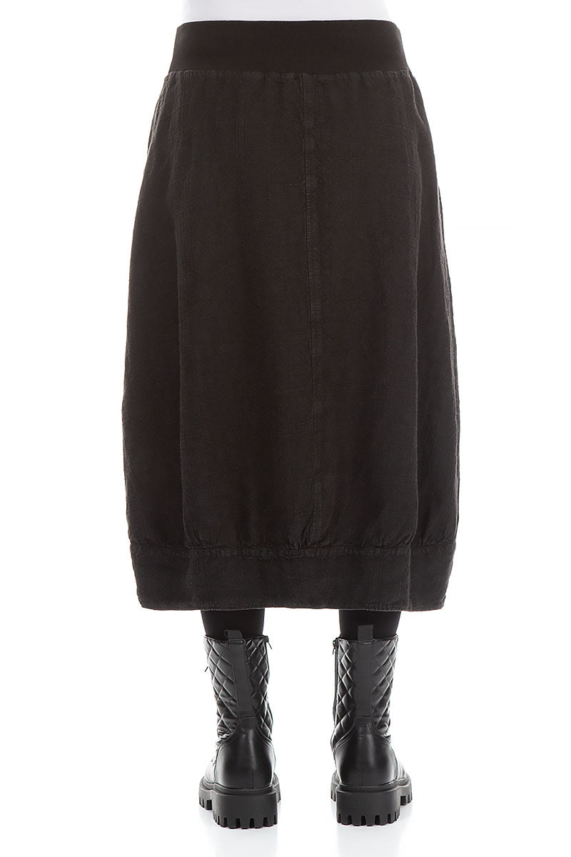 Black Patterned Linen Midi Skirt