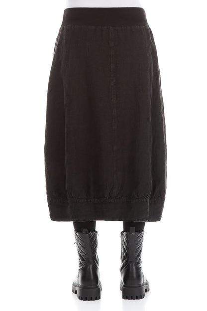 Black Patterned Linen Midi Skirt