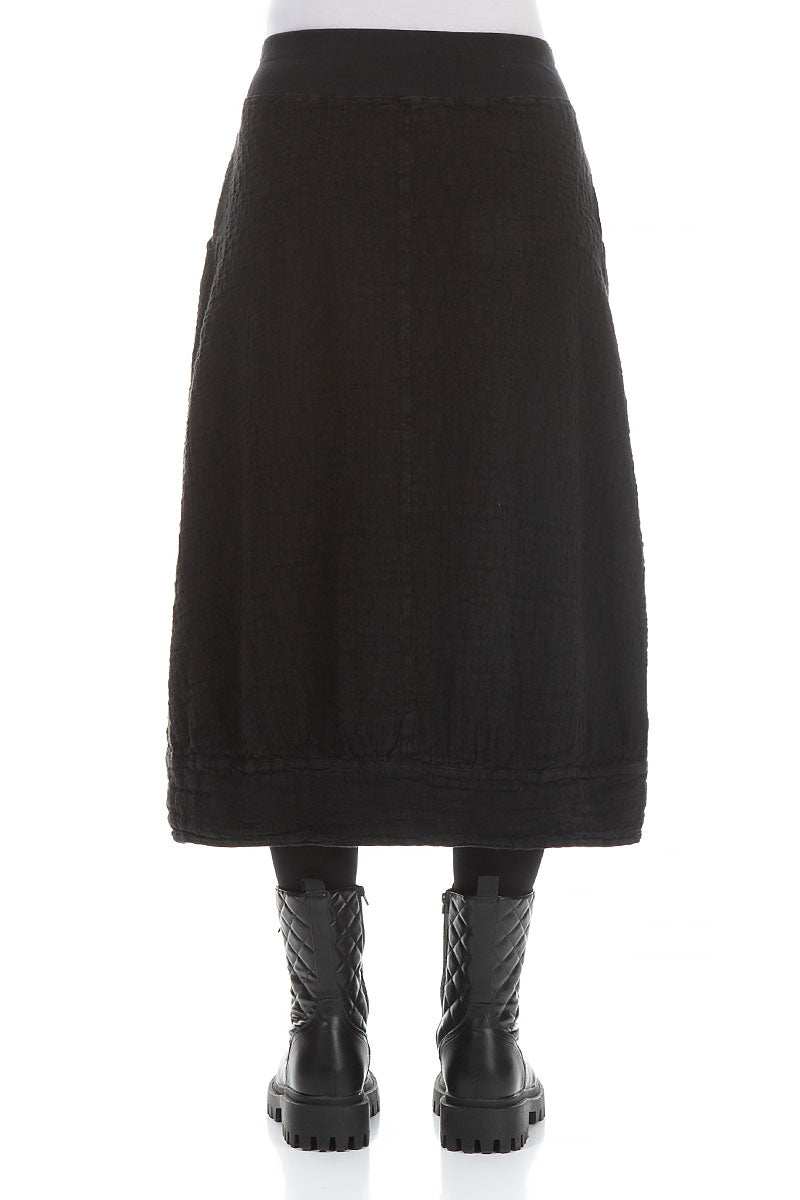 Black Textured Linen Midi Skirt