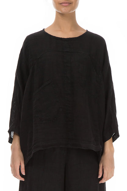 Boxy Black Gauze Linen Blouse