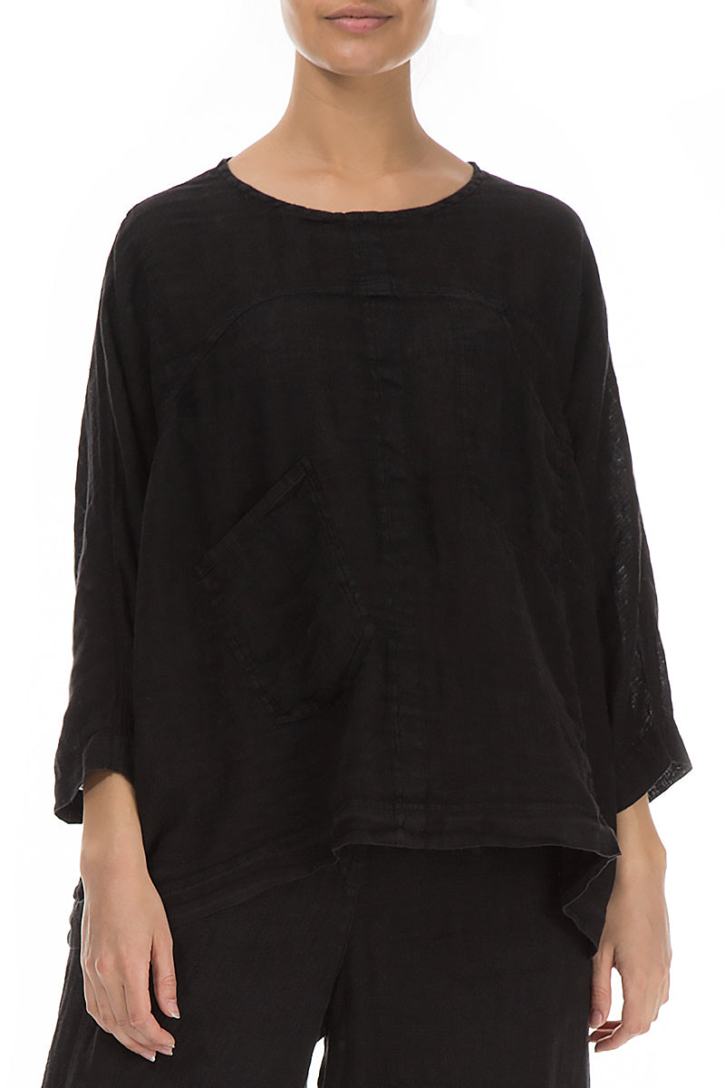 Boxy Black Gauze Linen Blouse