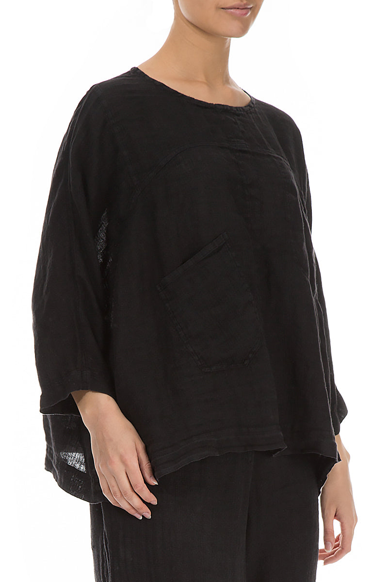 Boxy Black Gauze Linen Blouse