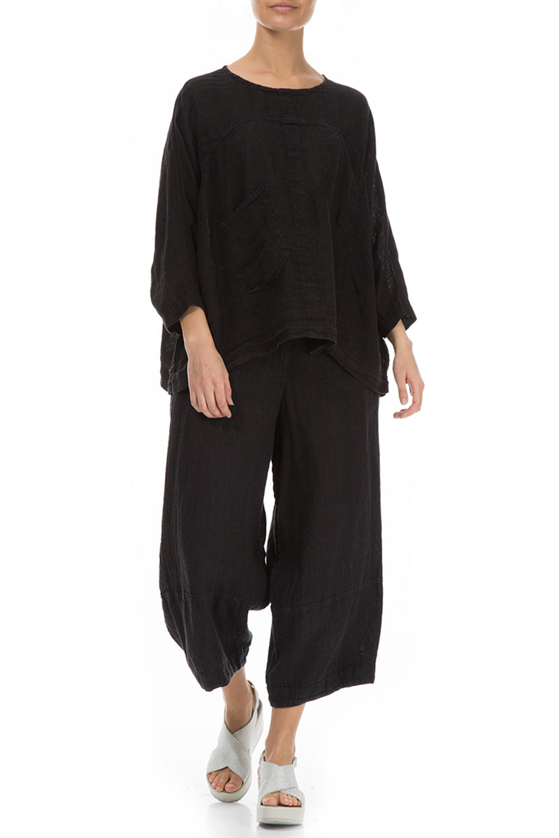 Boxy Black Gauze Linen Blouse