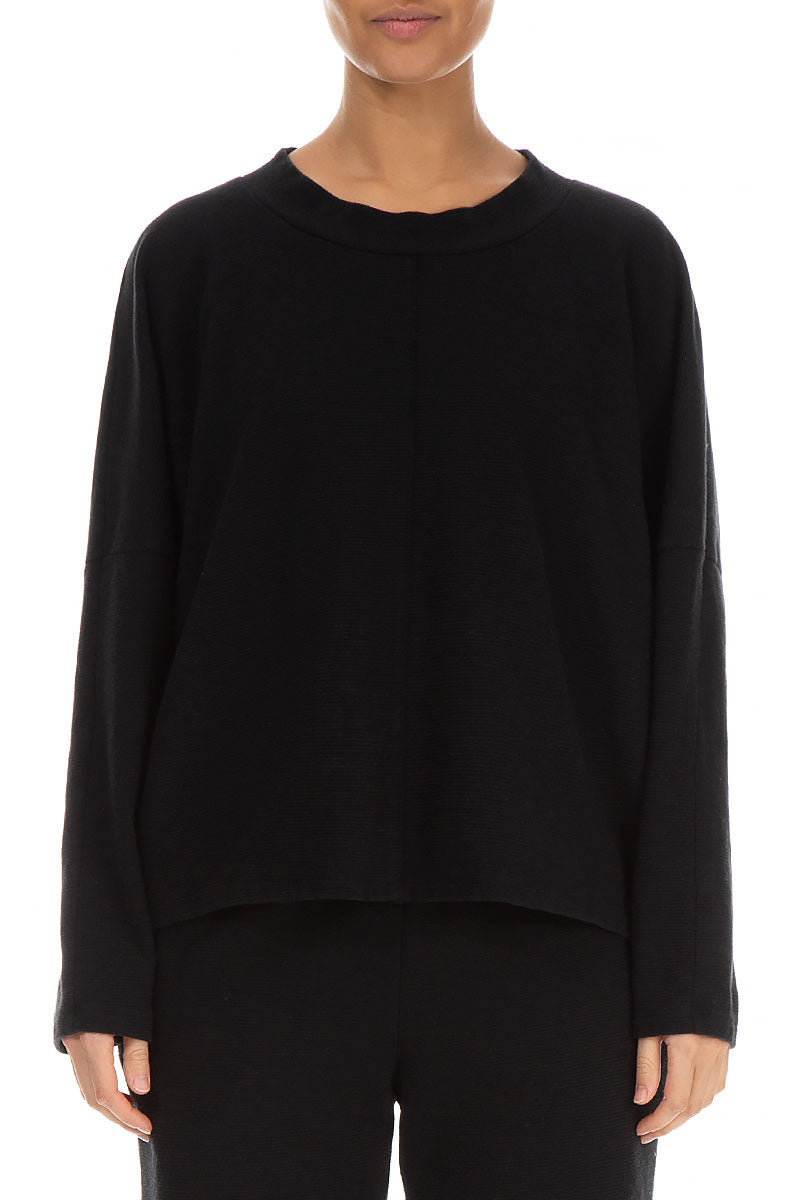 Boxy Black Rib Cotton Wool Blouse