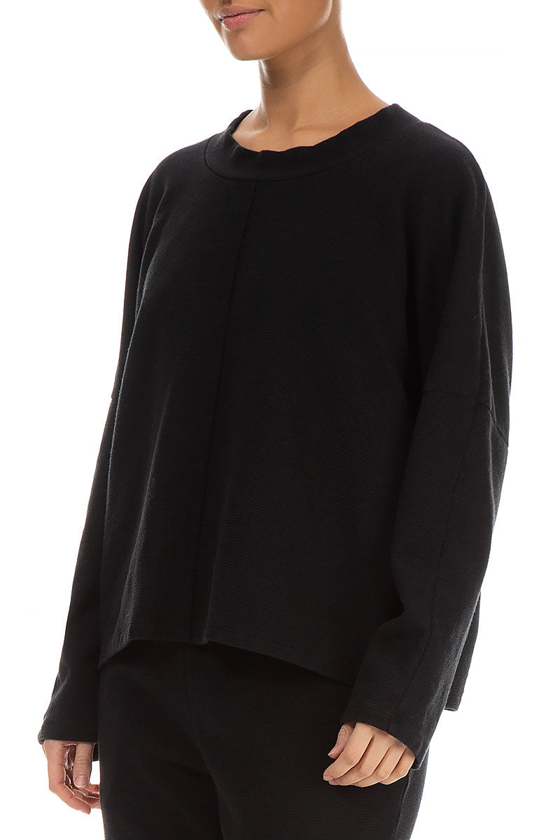 Boxy Black Rib Cotton Wool Blouse