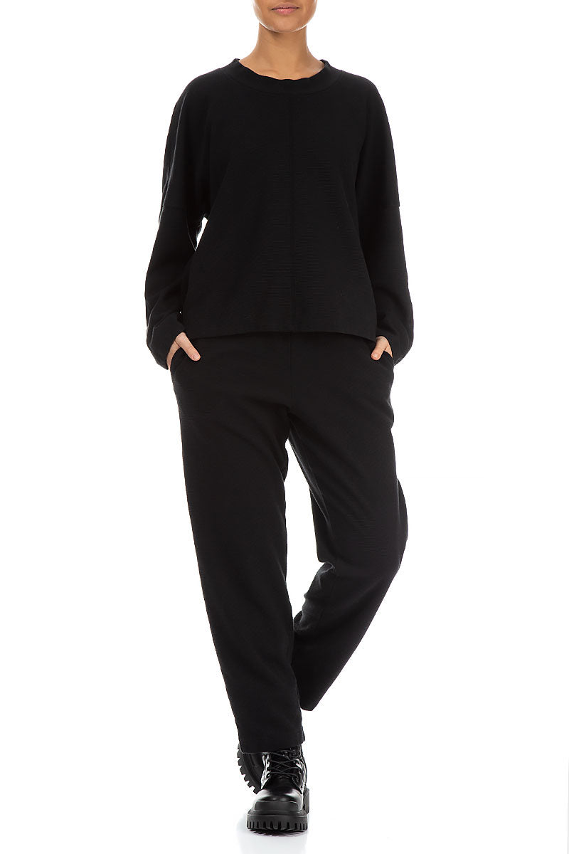 Boxy Black Rib Cotton Wool Blouse