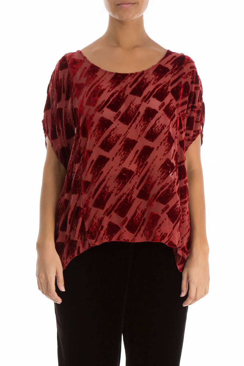 Boxy Devoré Rose Red Silk Velvet Blouse