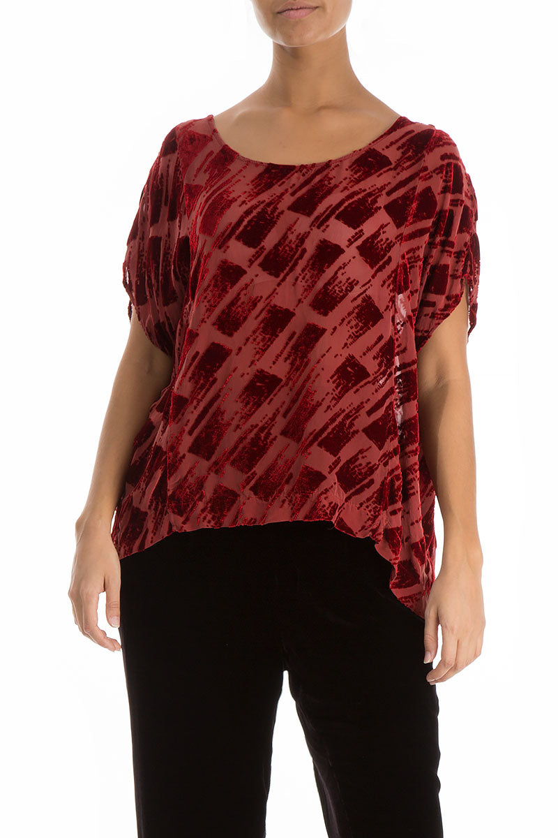 Boxy Devoré Rose Red Silk Velvet Blouse