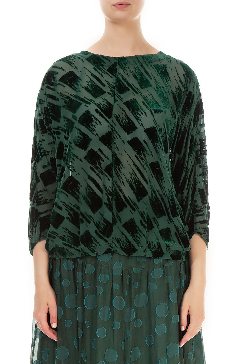 Boxy Devoré Brush Pine Green Silk Velvet Blouse 1