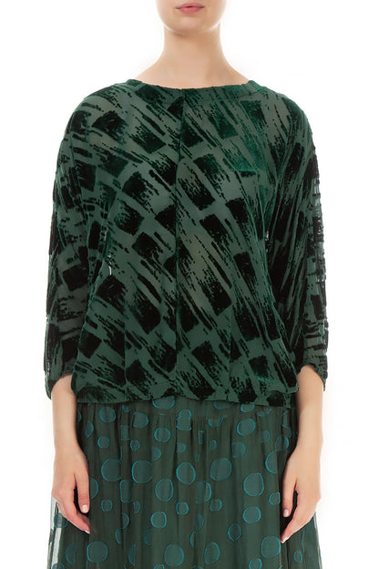 Boxy Devoré Brush Pine Green Silk Velvet Blouse 1