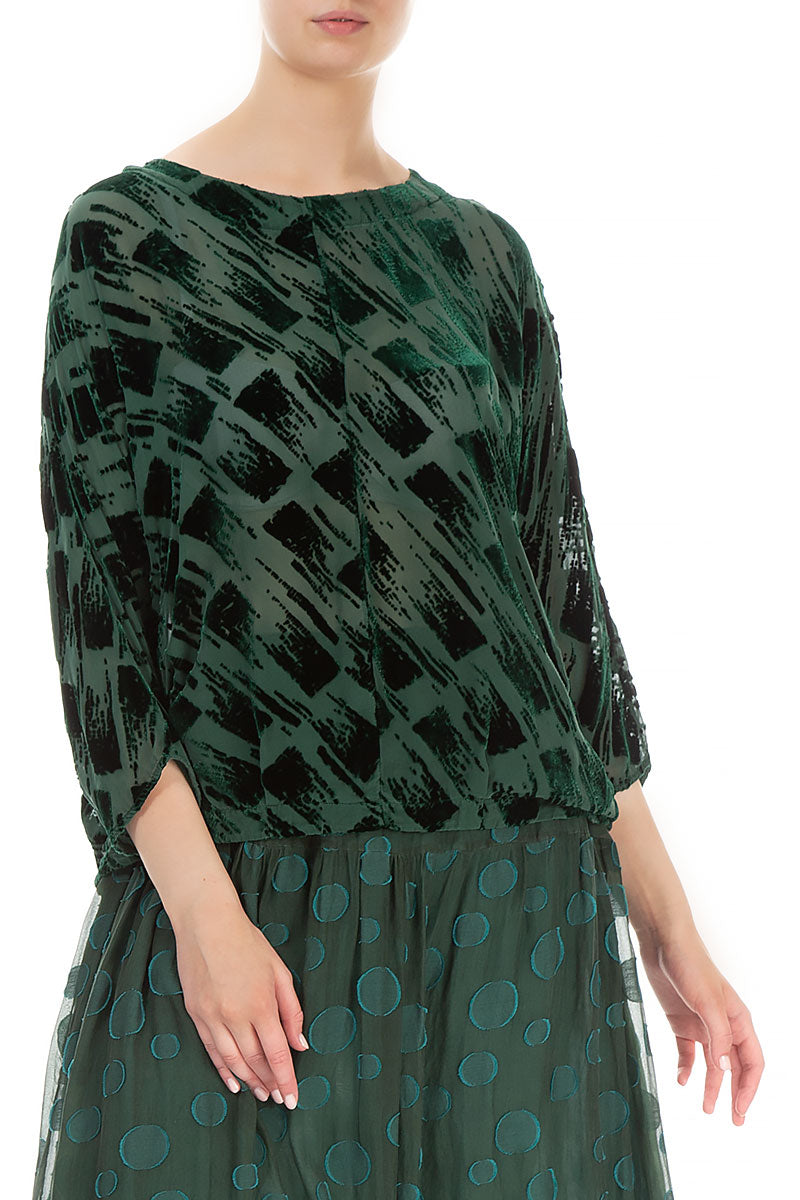Boxy Devoré Brush Pine Green Silk Velvet Blouse 3