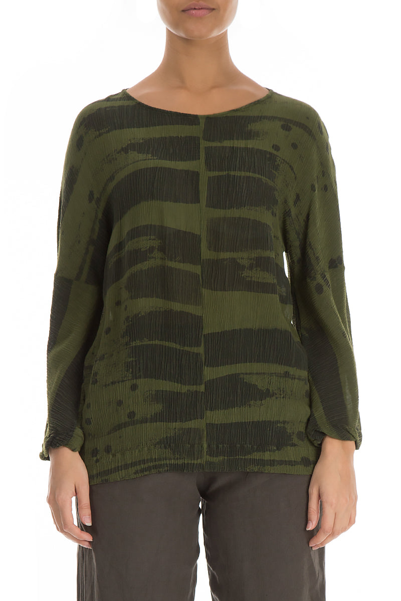 Boxy Khaki Print Silk Viscose Blouse 1