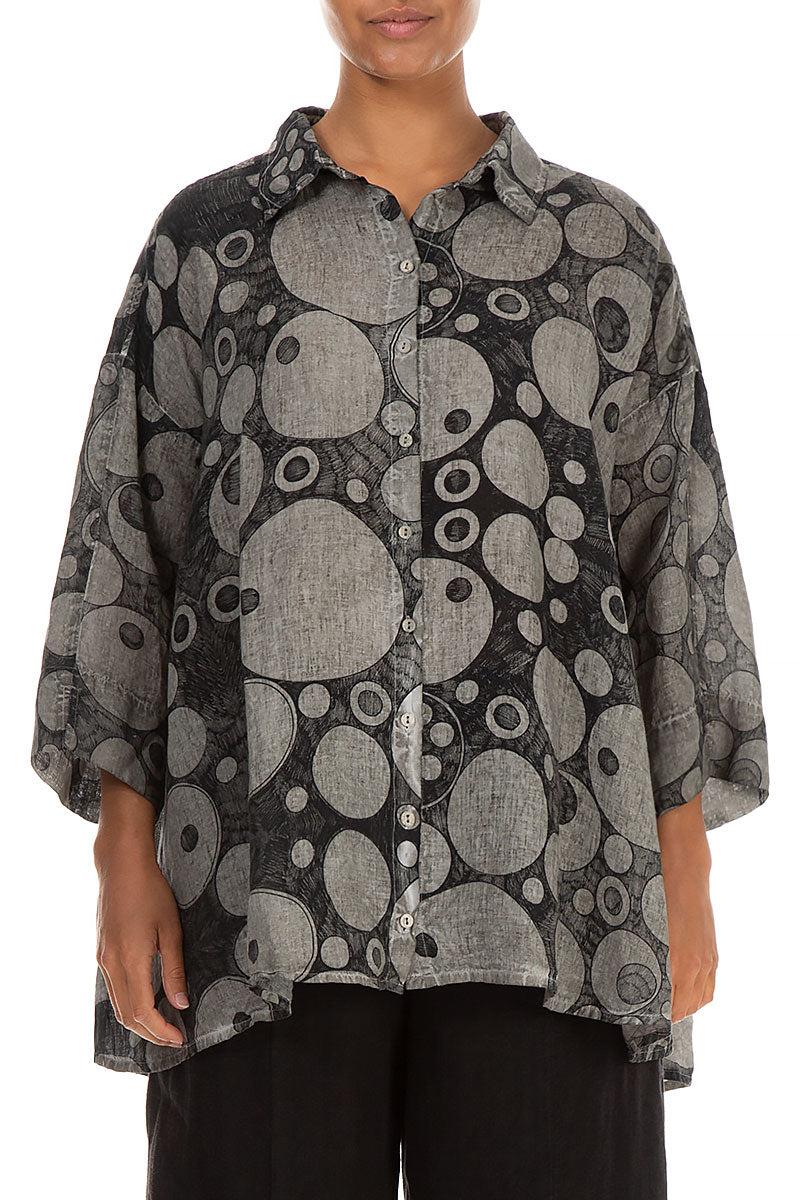 Bubbles Print Washed Effect Taupe Linen Shirt