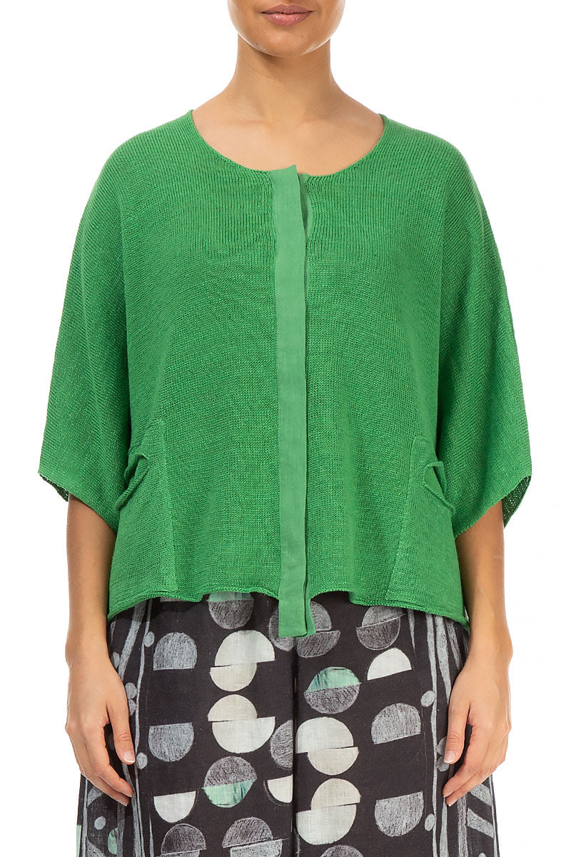 Button Band Boxy Spring Green Linen Cardigan