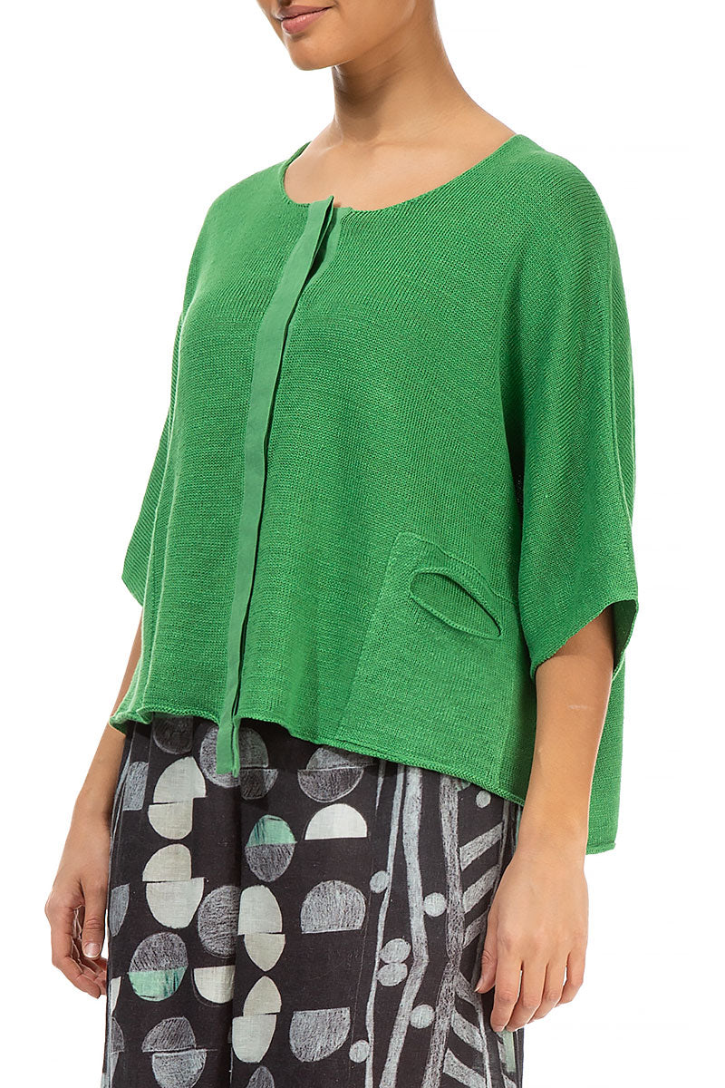 Button Band Boxy Spring Green Linen Cardigan 3