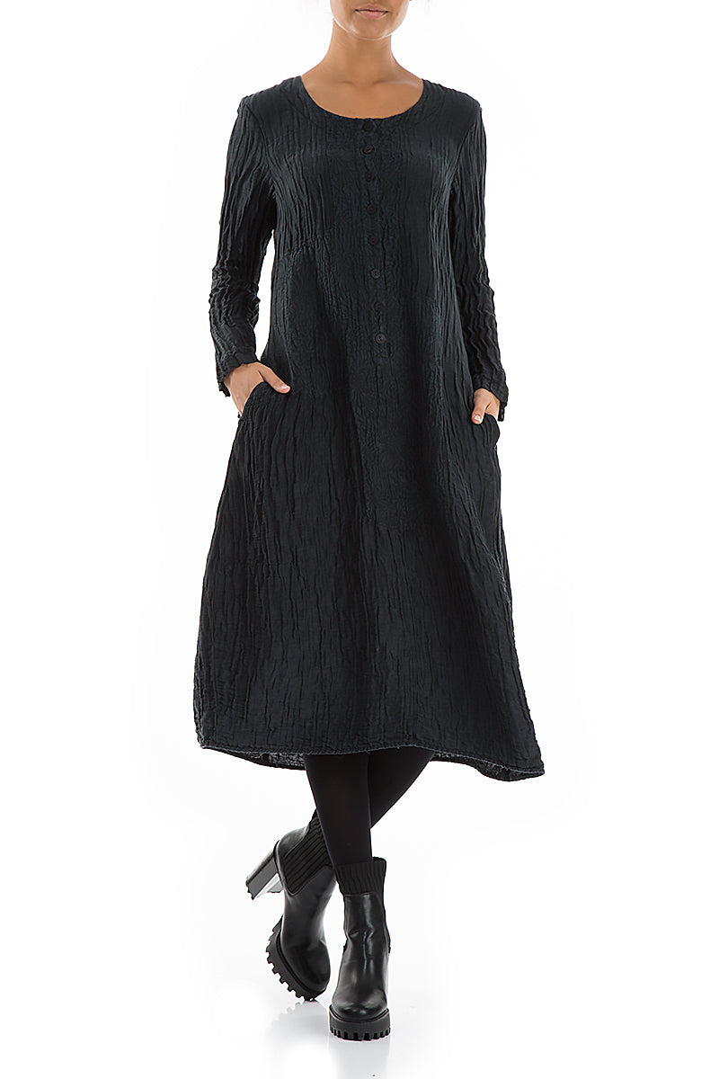 Buttoned Crinkled Midnight Blue Dress 4