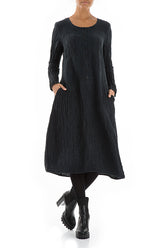 Buttoned Crinkled Midnight Blue Dress 4