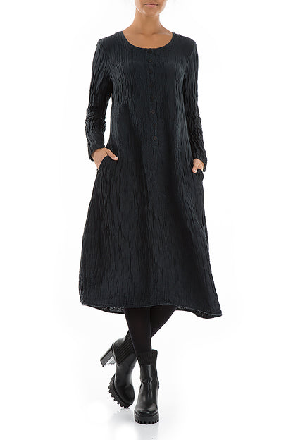 Buttoned Crinkled Midnight Blue Dress 4