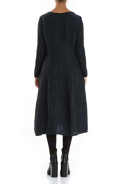 Buttoned Crinkled Midnight Blue Dress 2