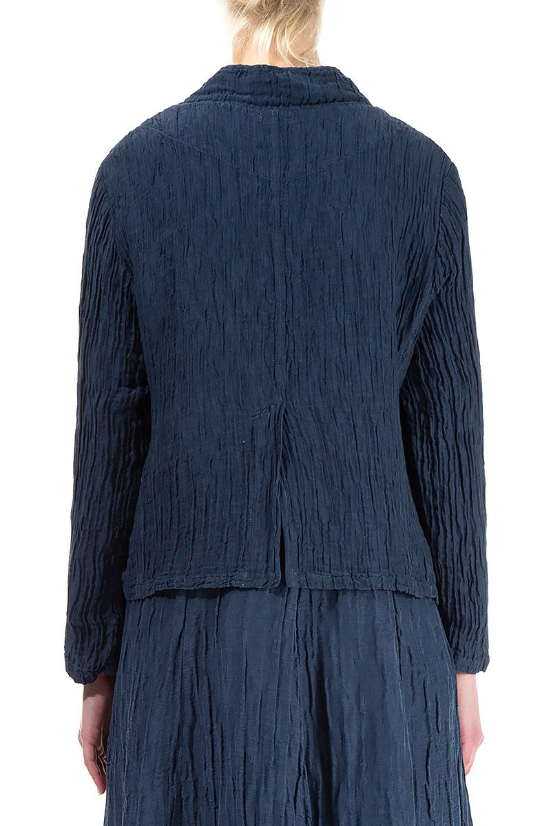 Short Crinkled Denim Blue Silk Linen Jacket