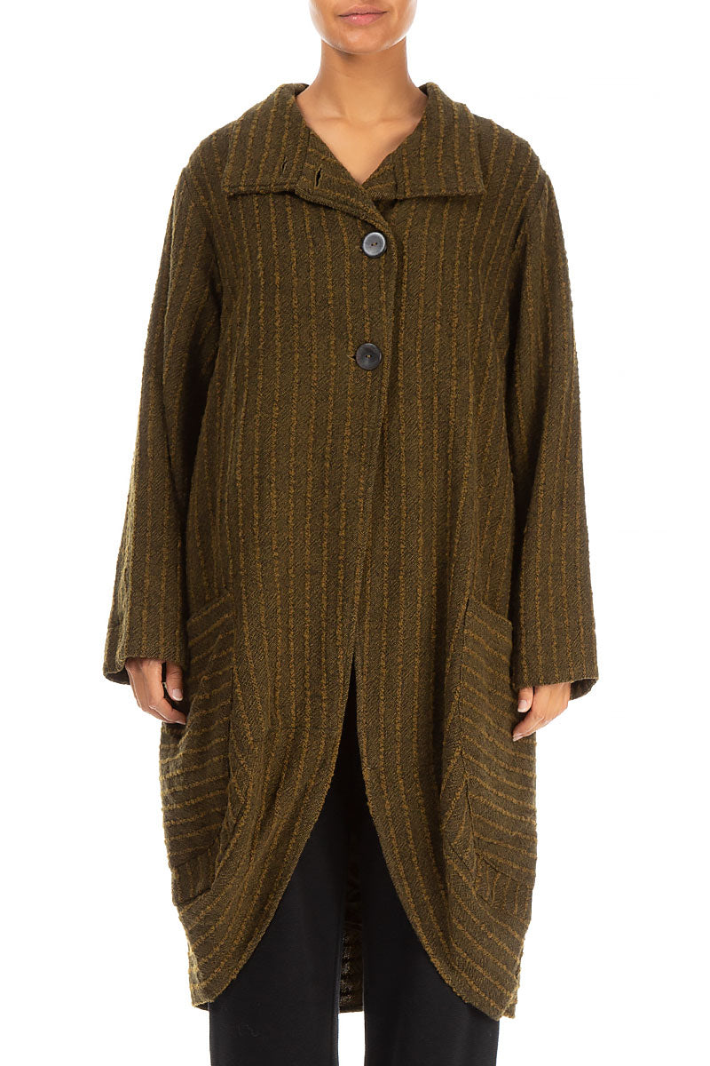 Collar Striped Brown Wool Coat