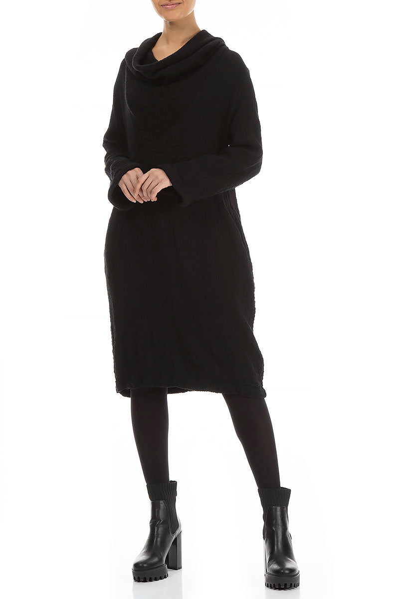 Cowl Neck Black Wool Dress