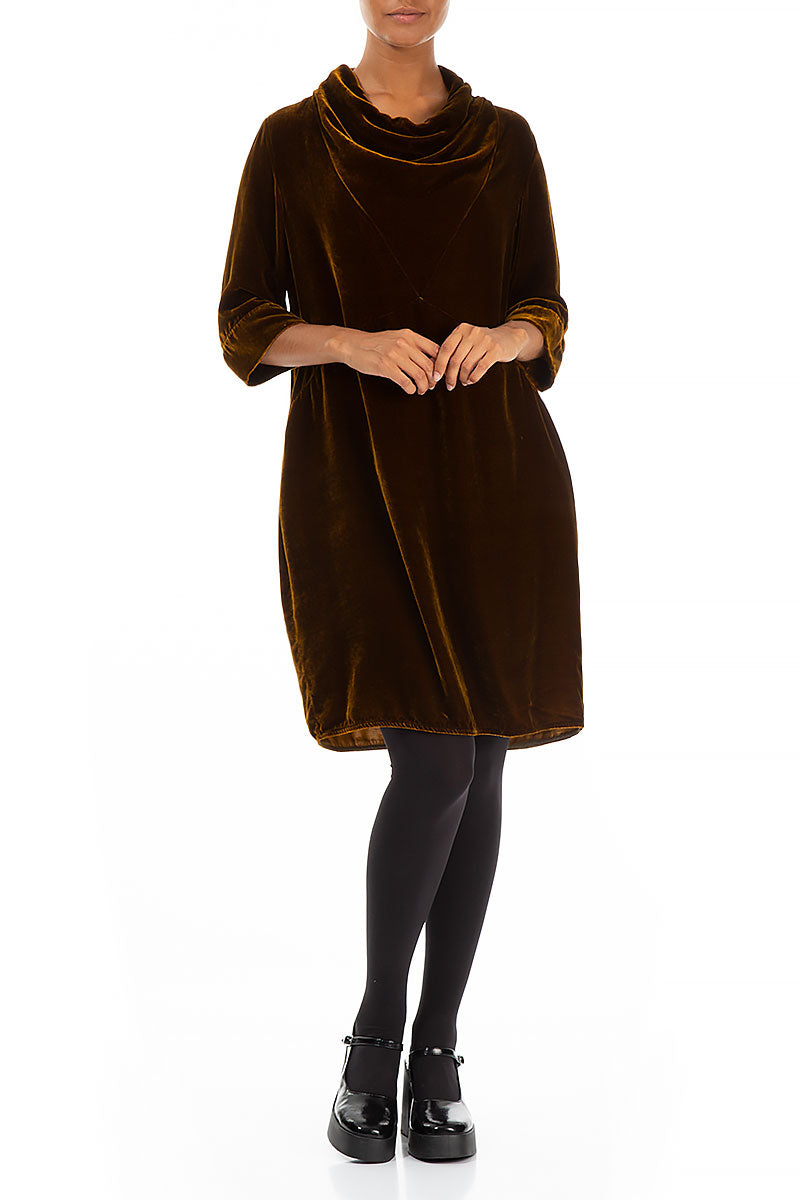 Cowl Neck Brown Silk Velvet Dress