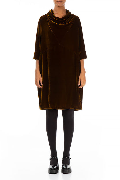 Cowl Neck Brown Silk Velvet Dress