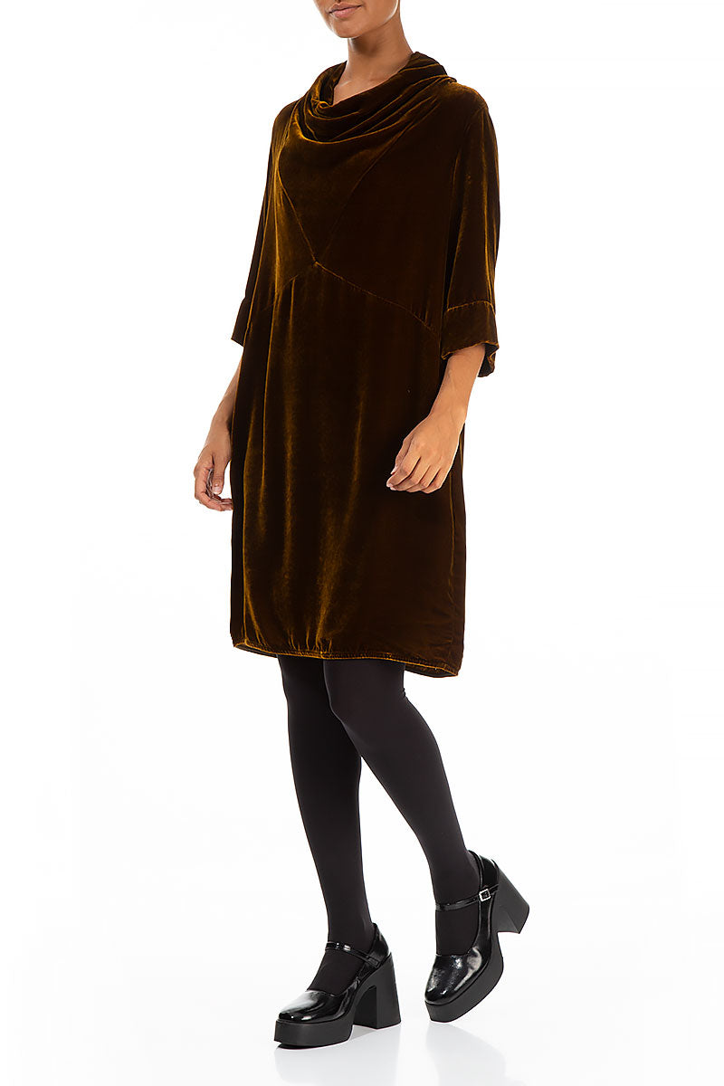 Cowl Neck Brown Silk Velvet Dress