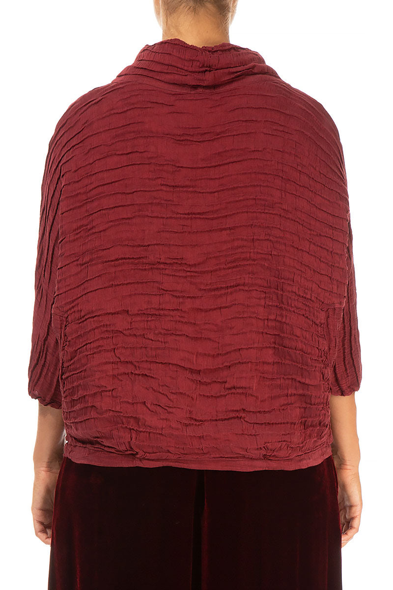 Cowl Neck Crinkled Bordeaux Silk Blouse