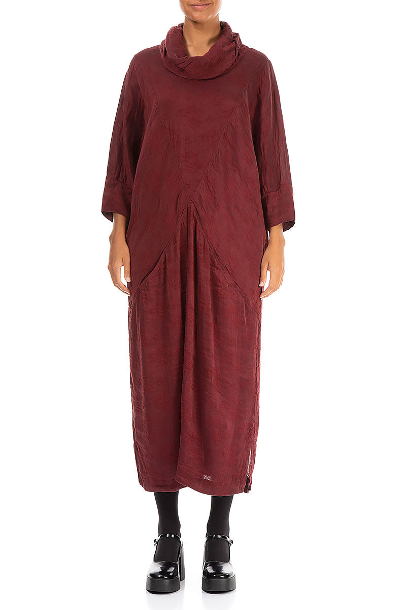 Cowl Neck Rose Pattern Burgundy Silk Linen Dress