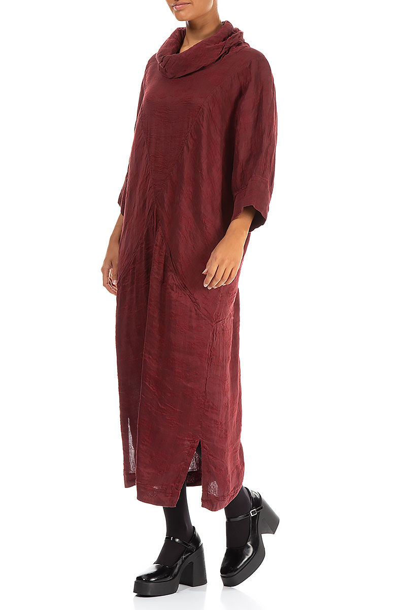 Cowl Neck Rose Pattern Burgundy Silk Linen Dress