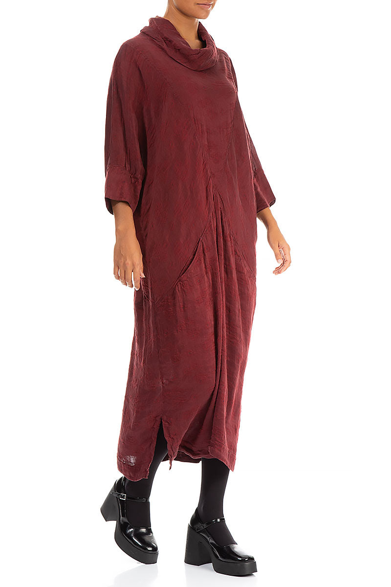 Cowl Neck Rose Pattern Burgundy Silk Linen Dress