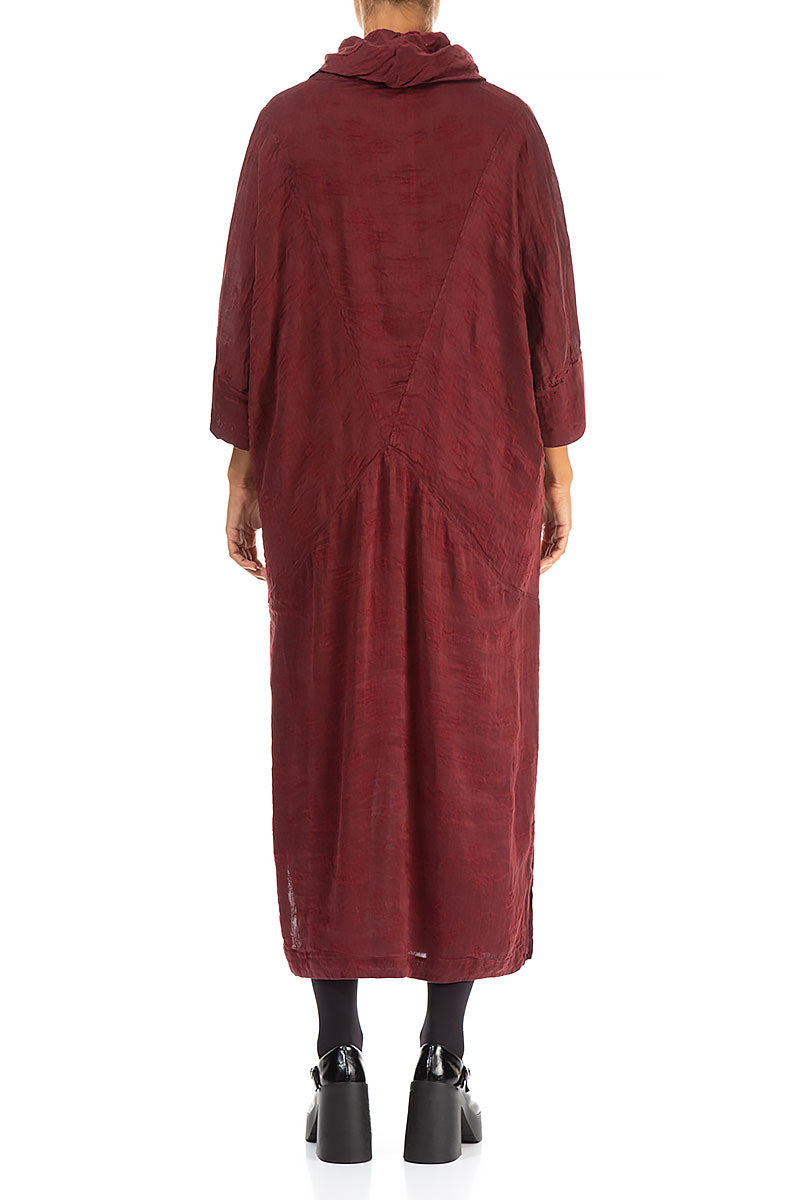 Cowl Neck Rose Pattern Burgundy Silk Linen Dress