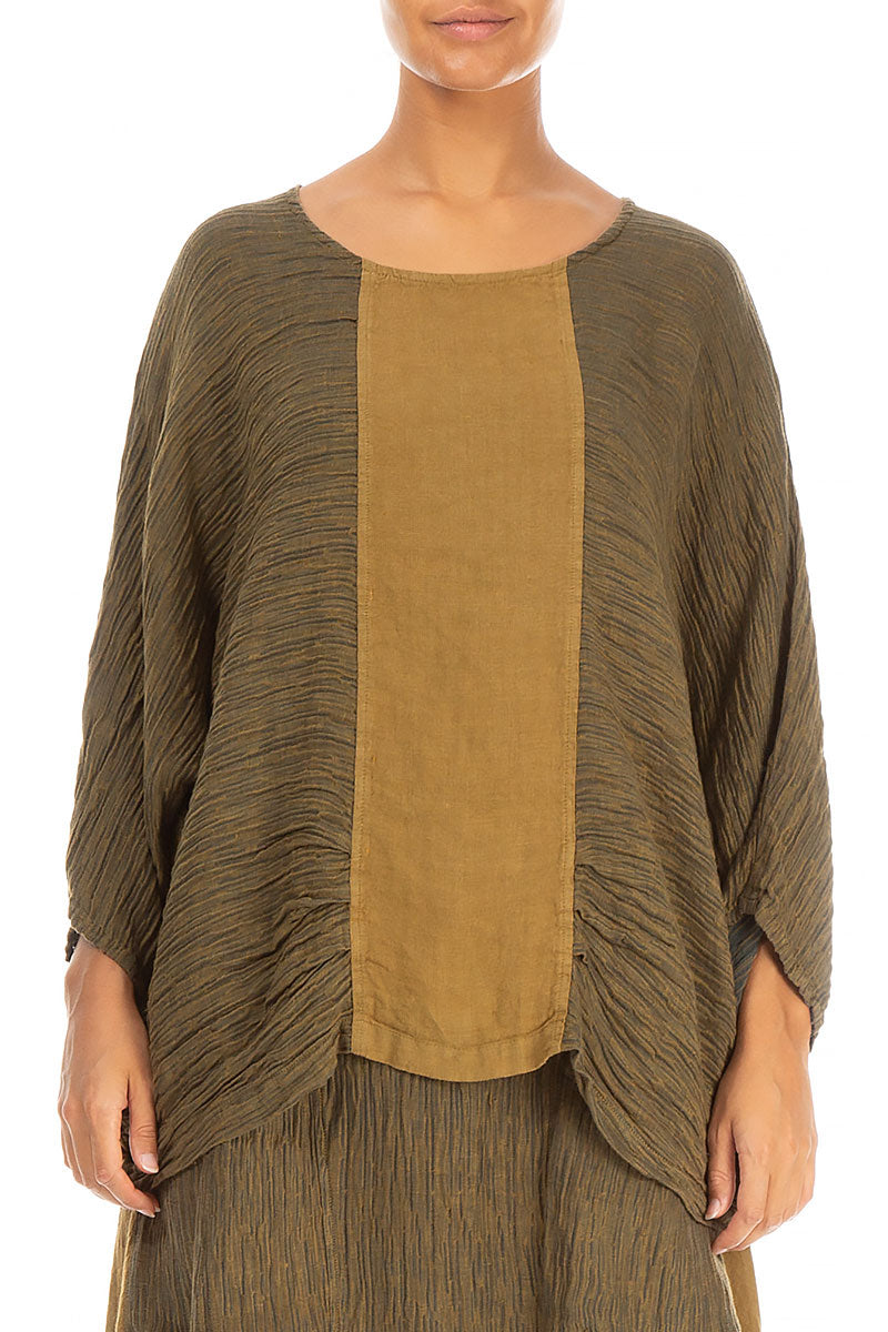 Crinkled Mustard Khaki Silk Blouse