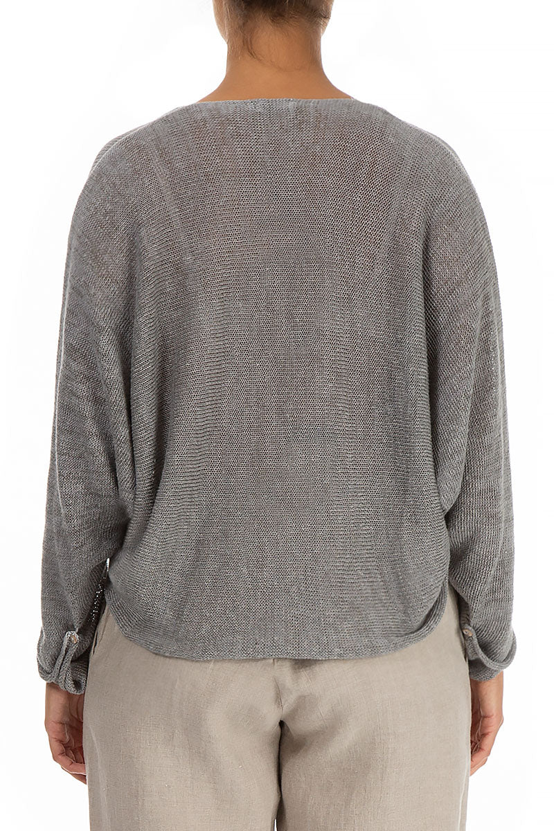 Decorated Front Washed Effect Taupe Linen Jumper