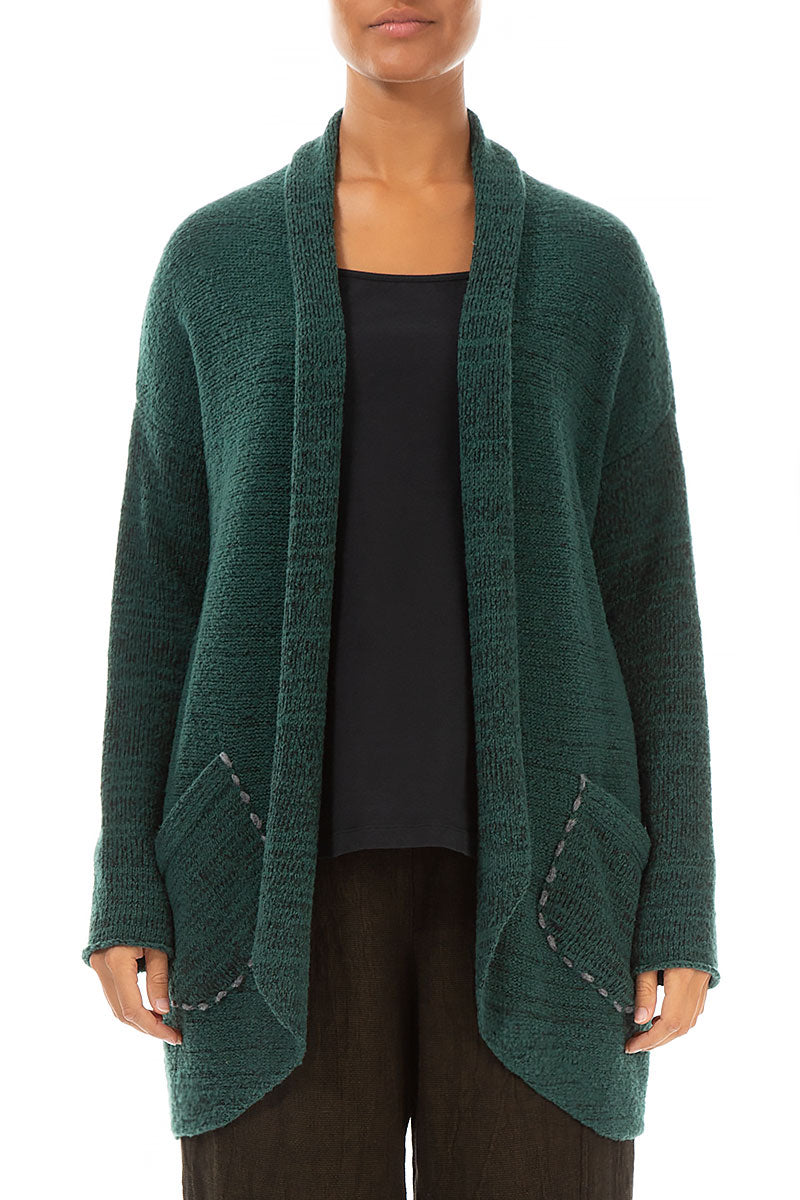 Decorated Pocket Open Green Wool Cardigan 1