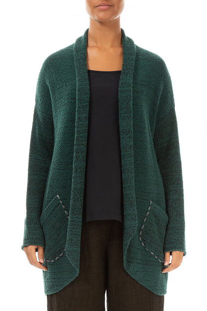 Decorated Pocket Open Green Wool Cardigan 1