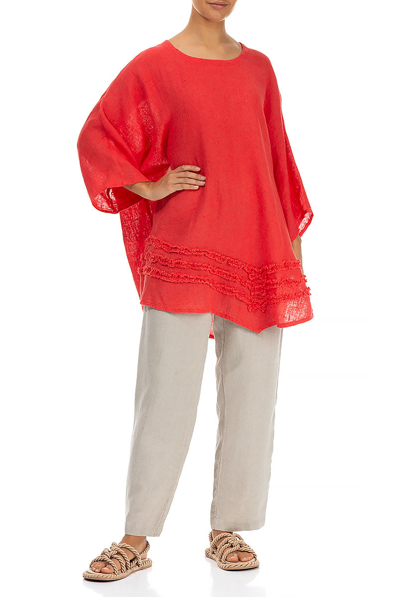 Decorated Bright Red Linen Tunic 4