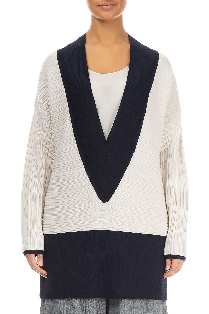 Deep V Neck White &amp; Navy Wool Tunic Sweater