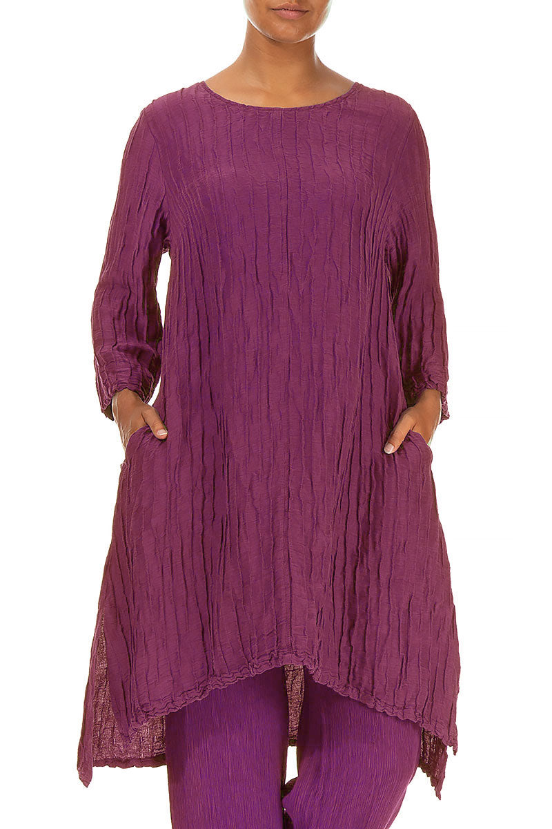 Detachable Collar Crinkled Royal Fuchsia Silk Linen Tunic 3