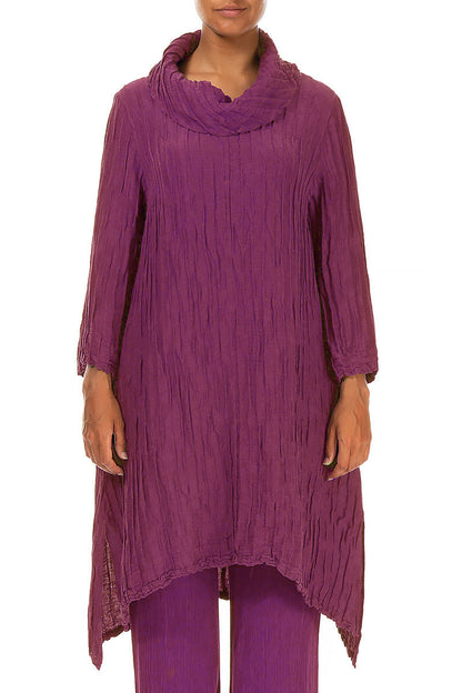 Detachable Collar Crinkled Royal Fuchsia Silk Linen Tunic 1